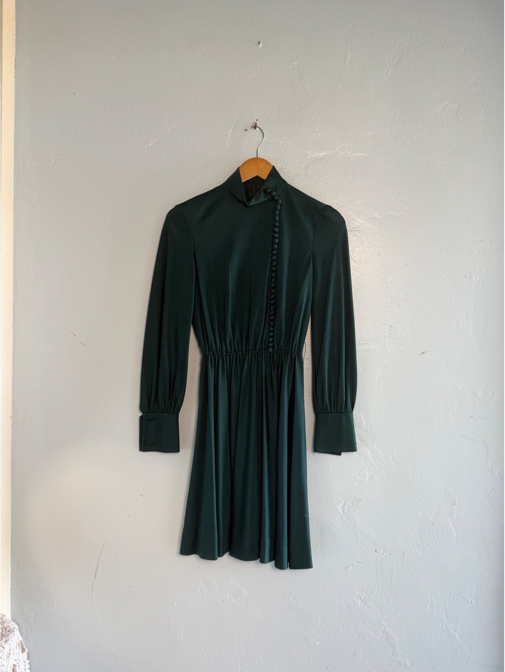 1970s Long Sleeve Button Front Dress with High Neck and Gathered Waist